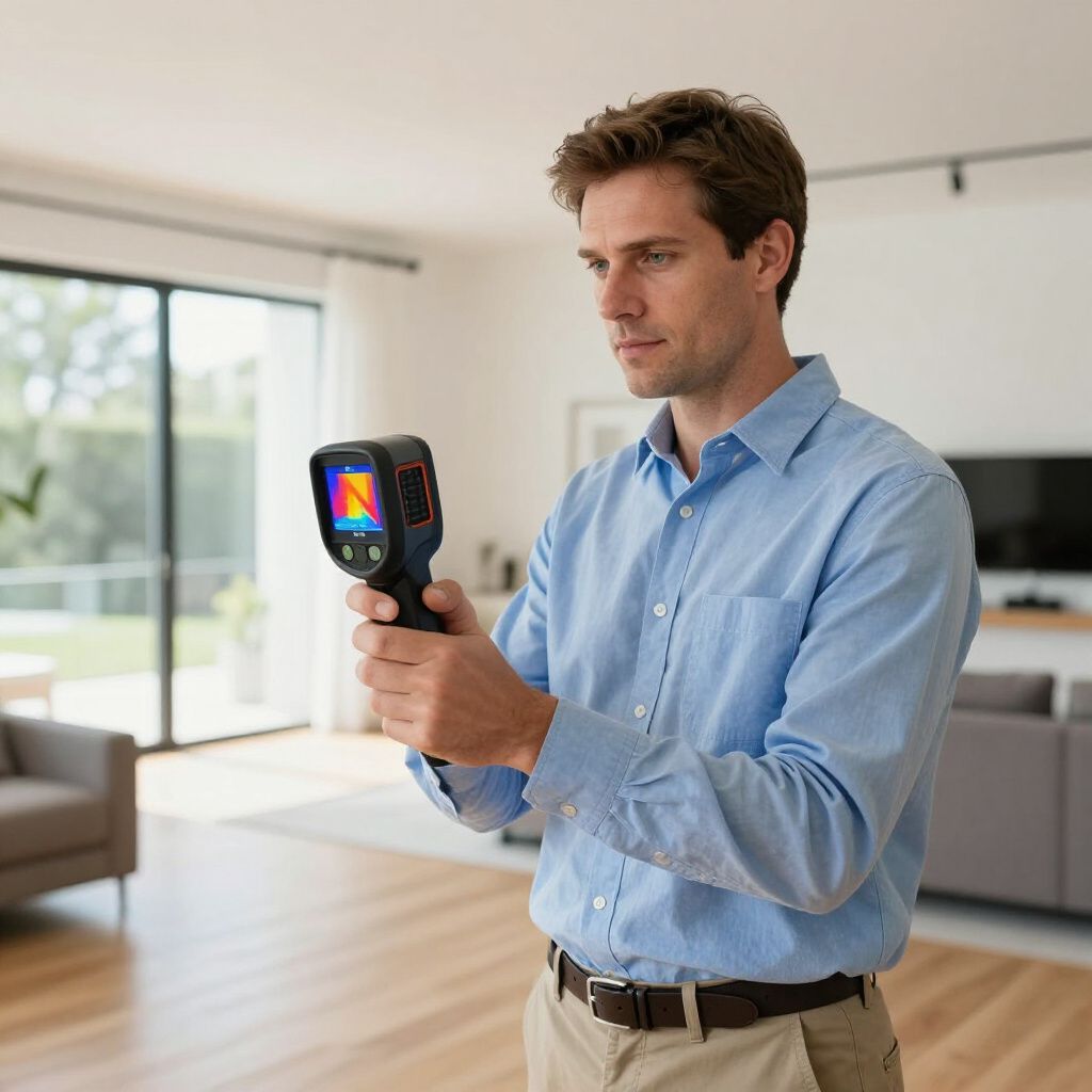 Man holding and looking at a thermal imaging camera inside a modern home.