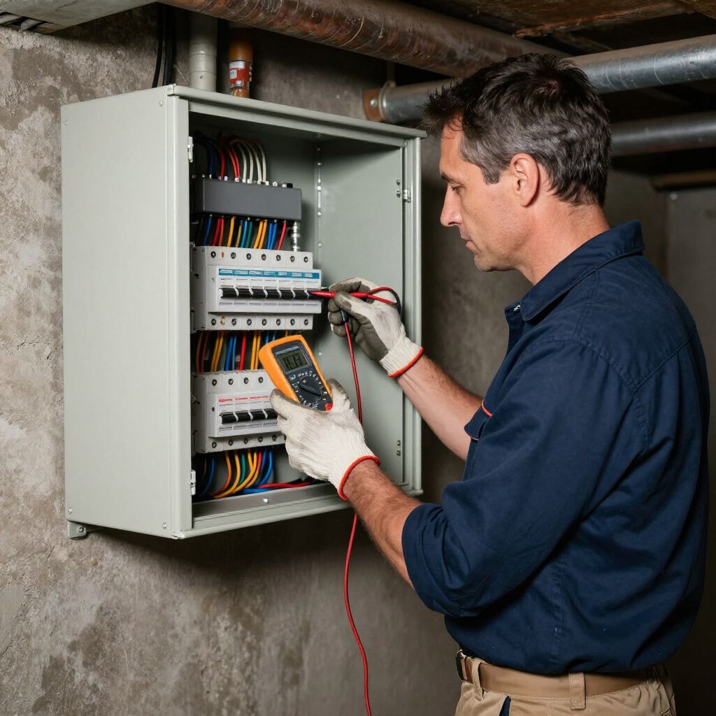 Man using a multimeter on electrical panel. He wears work gloves and is in a basement setting.