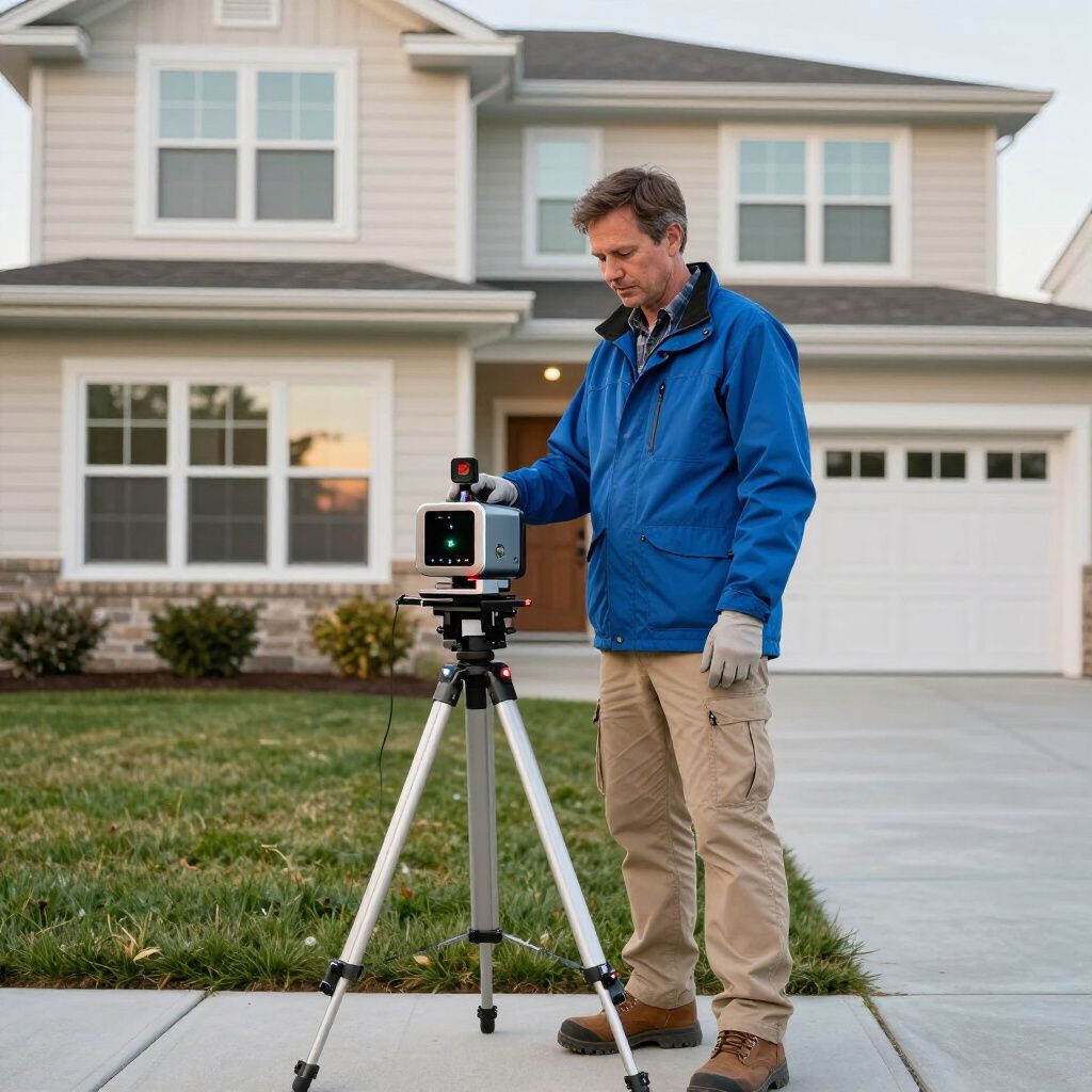 Man using a surveying device on a tripod in front of a house.