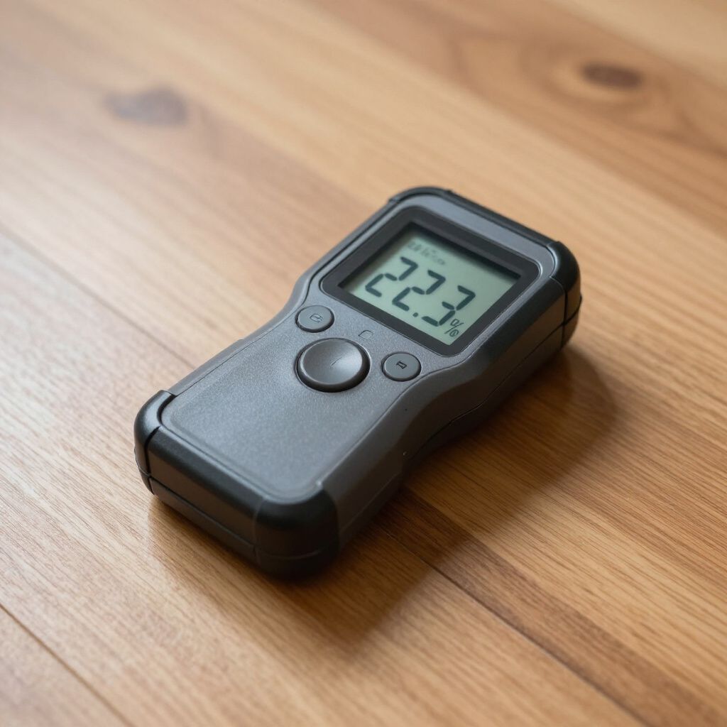 A handheld moisture meter displays 22.3% on a wooden surface.