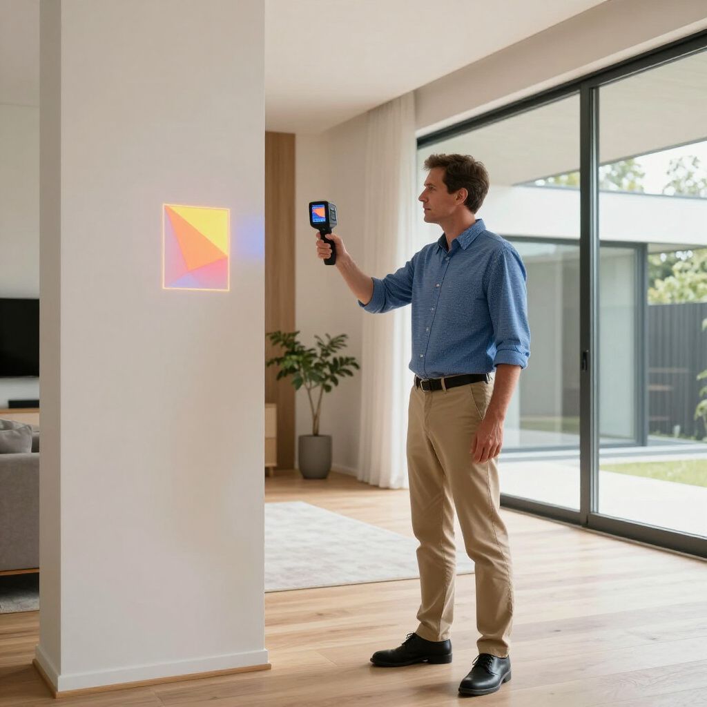 Man using a thermal camera on a wall; indoor setting, colorful thermal image displayed, modern home.