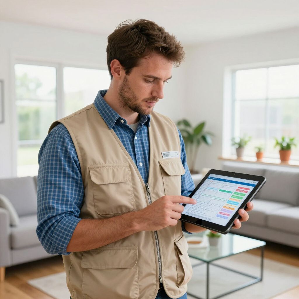 Man in tan vest, indoors, looking at tablet.