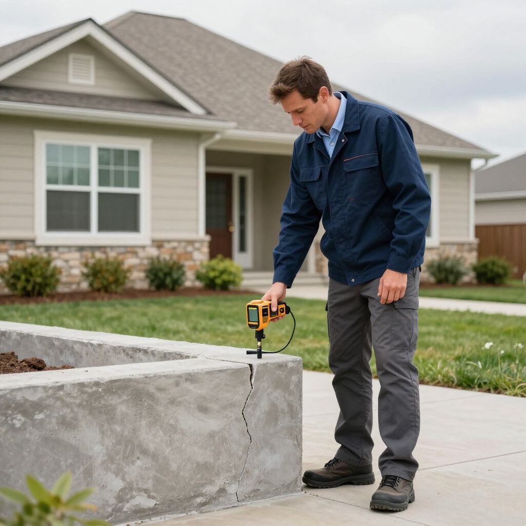 Man using a device to inspect a concrete planter box in front of a house.