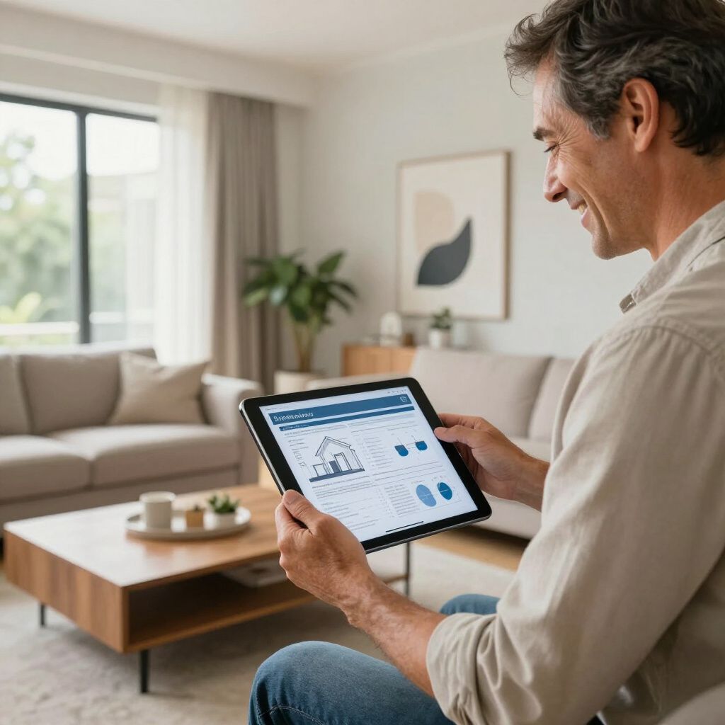 Man seated, using a tablet displaying data in a living room; smiling, holding the tablet.