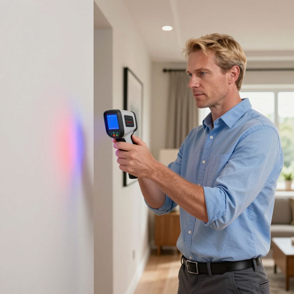 Man using a thermal imaging camera on a white wall in a well-lit room; displaying temperature gradients.