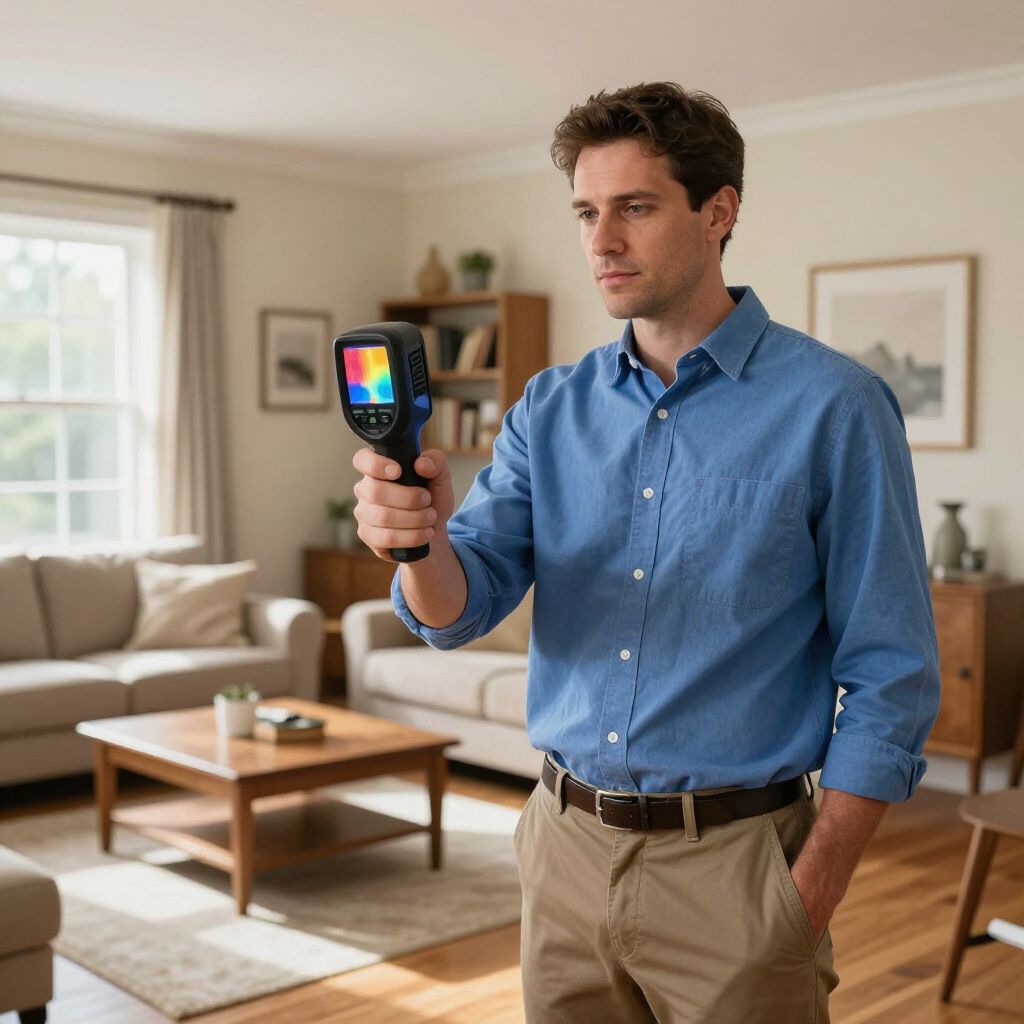 Man uses thermal camera in a living room, assessing the temperature of a wall.