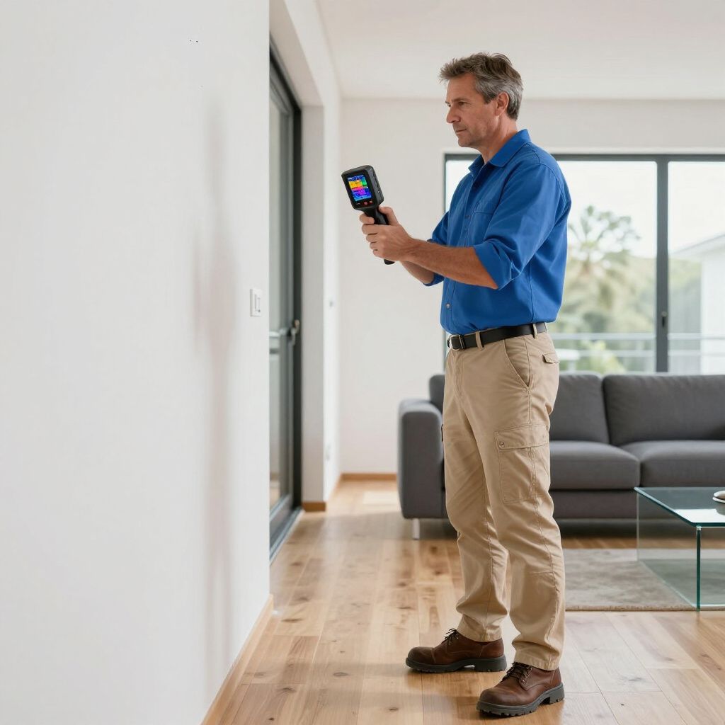 Man using thermal camera on a wall indoors; wood floor, sliding door, couch.