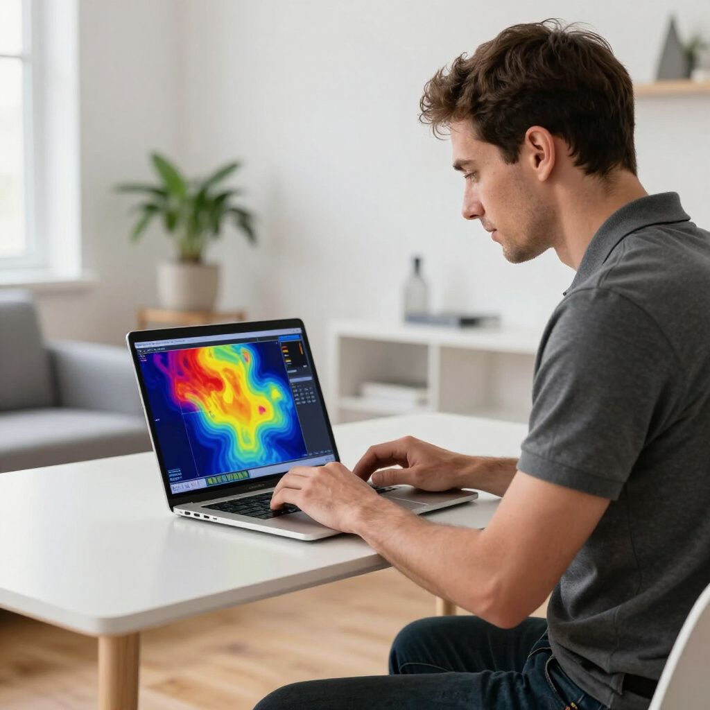 Man at laptop, analyzing colorful data on screen in a bright room.