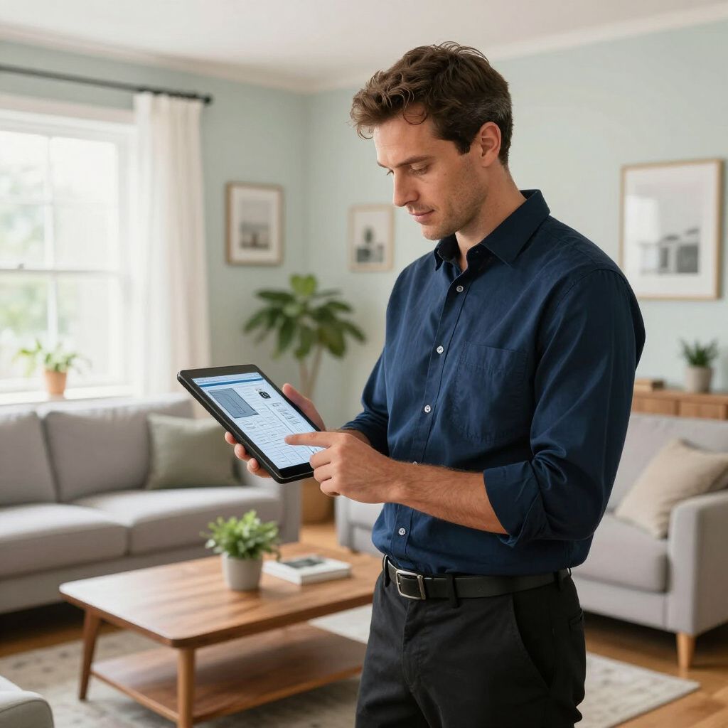 Man in blue shirt using tablet in living room with couch and window.