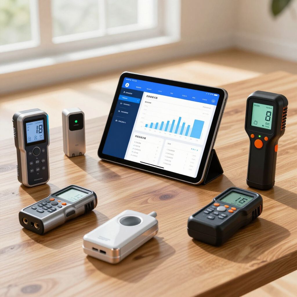 A collection of air quality monitoring devices displayed with a tablet showing graphs.