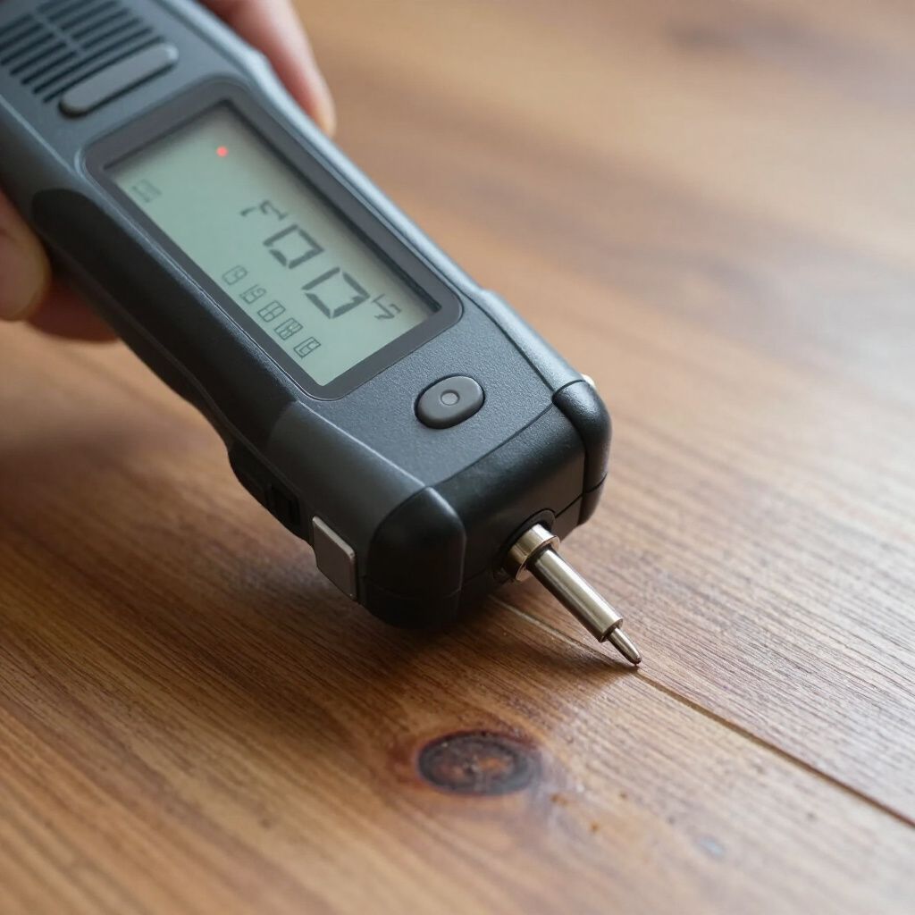 Hand holding a moisture meter testing wooden surface; meter displays 