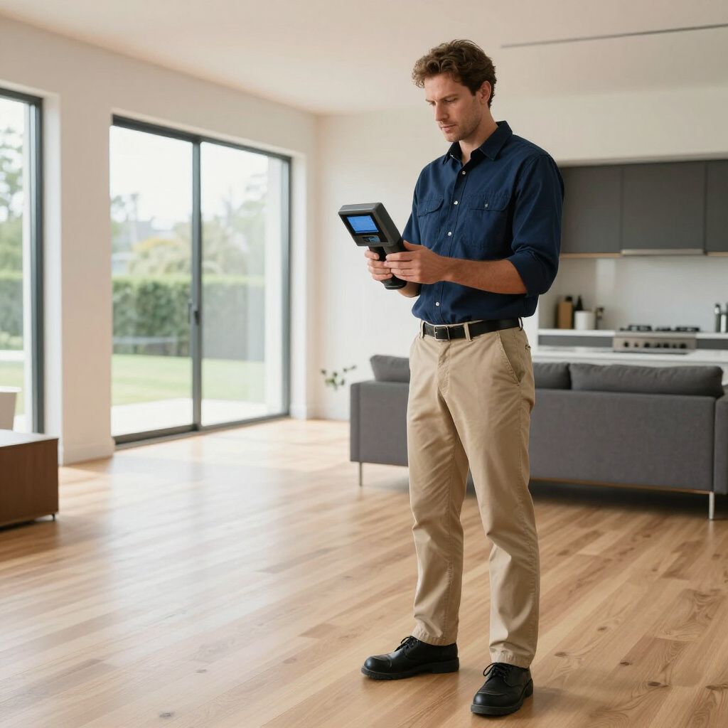 Man using a thermal imaging camera in a living room, inspecting a floor.