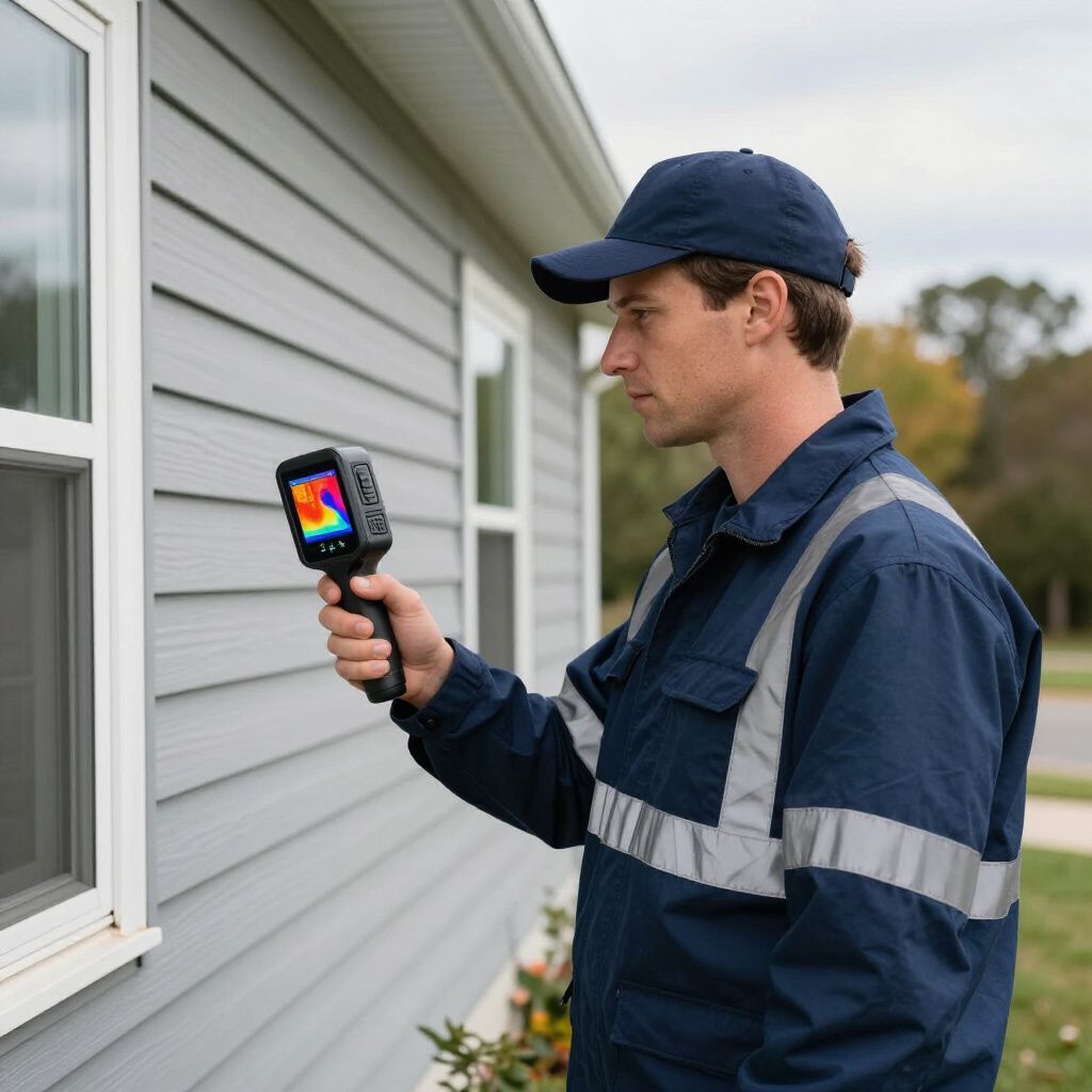Man in blue workwear uses a thermal camera on a house window.