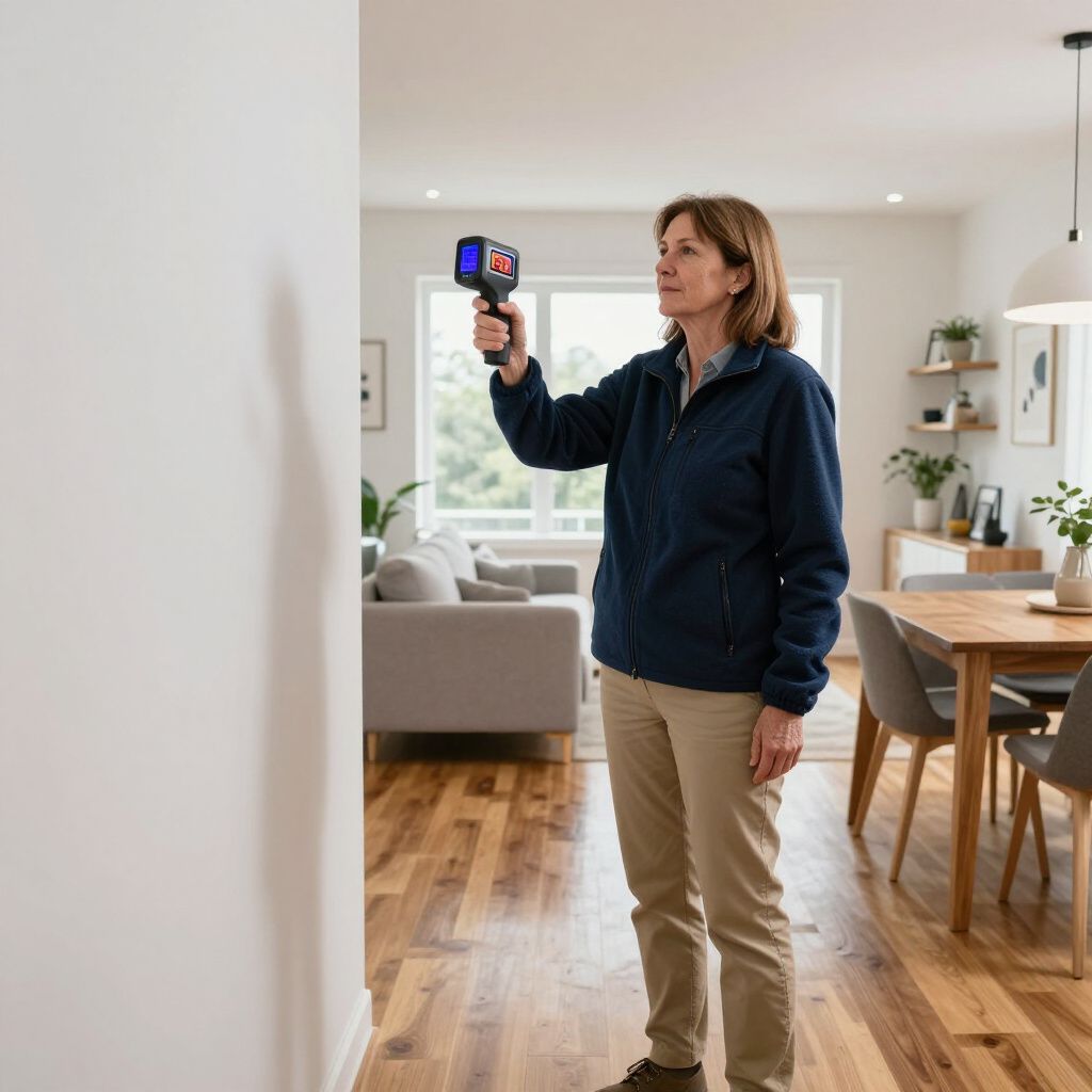 Woman using a thermal imaging camera on a white wall in a home.