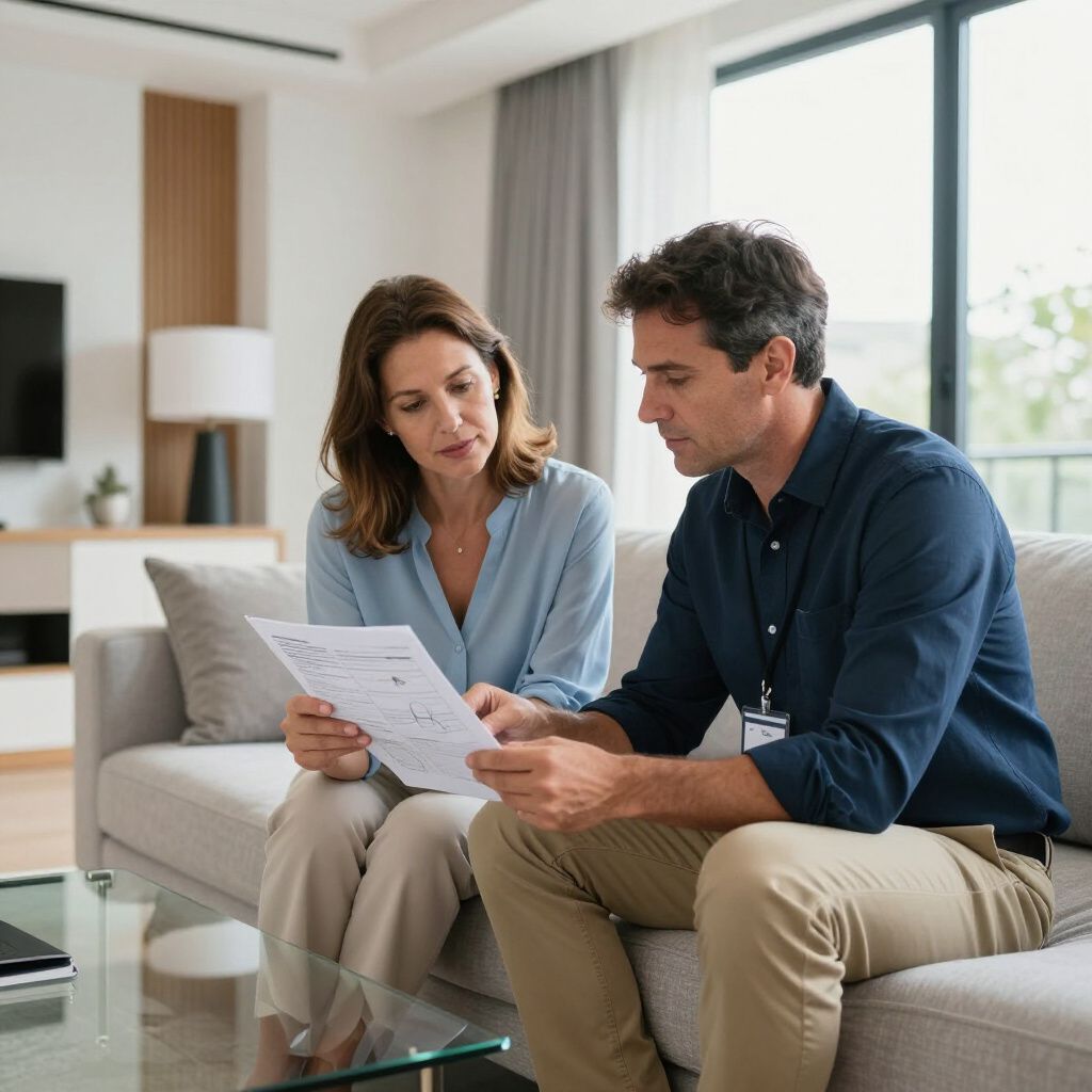 Woman and man on a sofa reviewing paperwork in a modern living room.