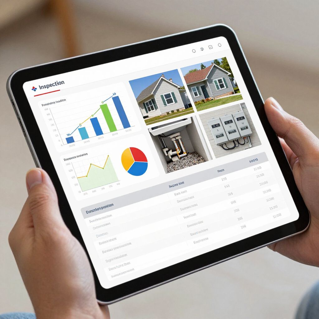 Person holding a tablet displaying a home inspection report with graphs, photos, and data.