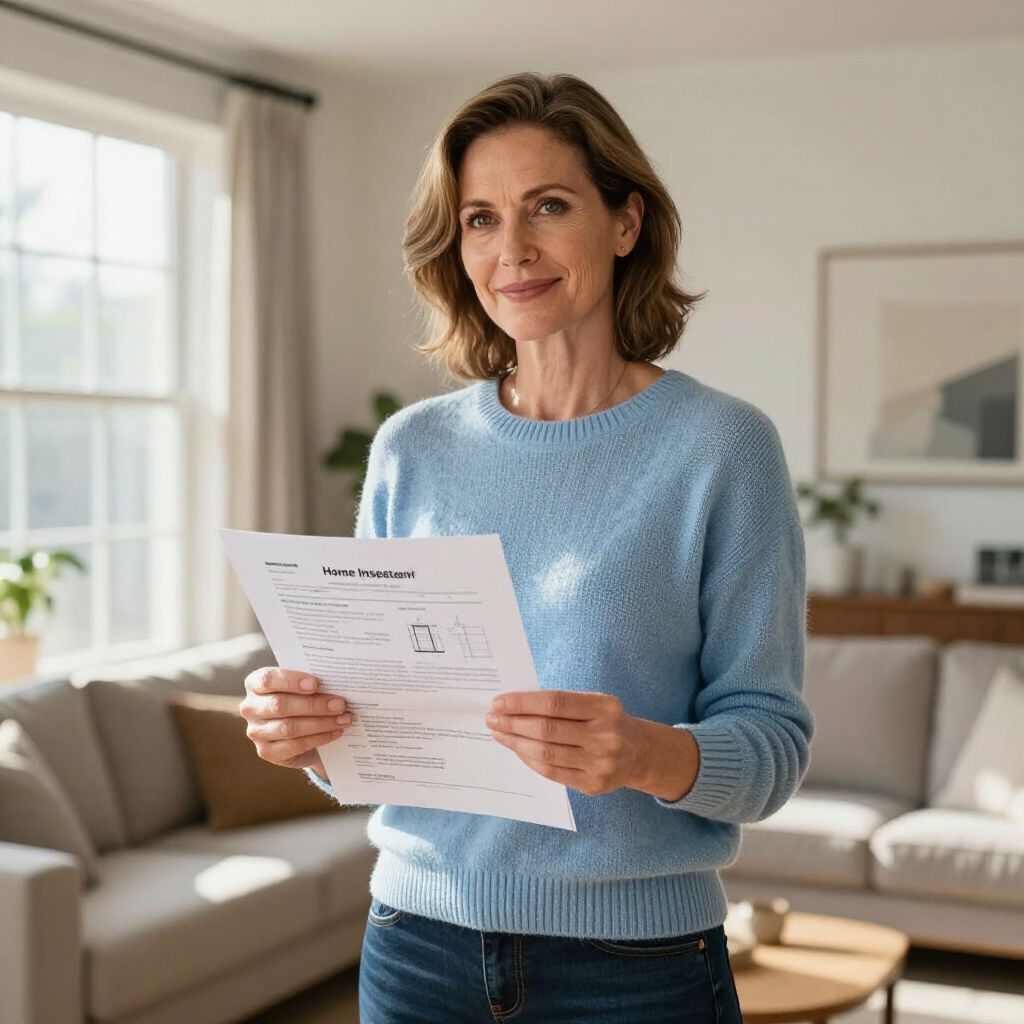 Woman in blue sweater holding document, smiling, in a bright living room.