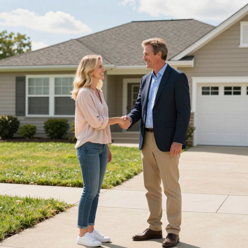 Woman shaking hands with a man in front of a house.