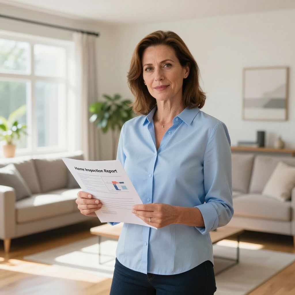 Woman in blue shirt holding documents, standing in a living room.