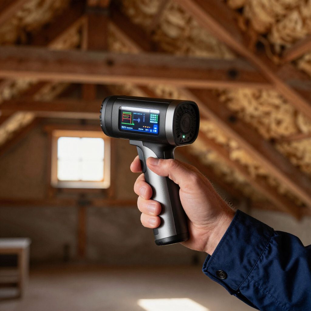Hand holding a black and gray device in an attic, with wooden beams and a small window.