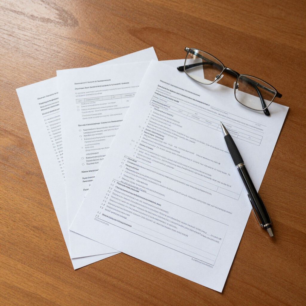 Papers, pen, and glasses on a wooden table, suggesting paperwork or office work.