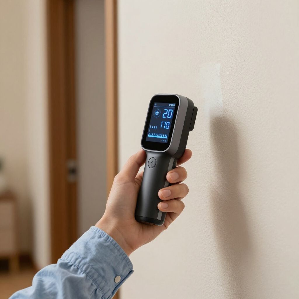 Hand holding a black device to measure a wall's temperature. Display shows 2 numbers.