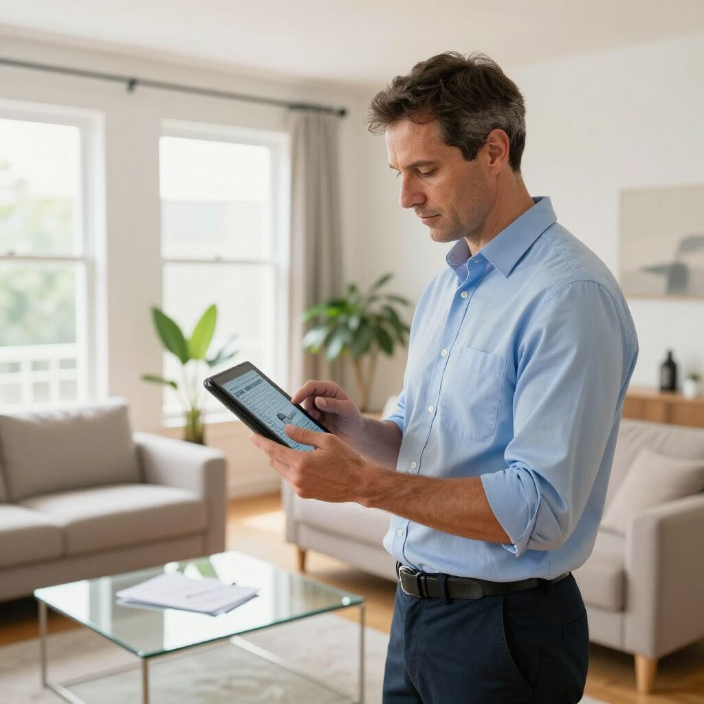 Man in a blue shirt using a tablet in a well-lit living room, holding the device with both hands.