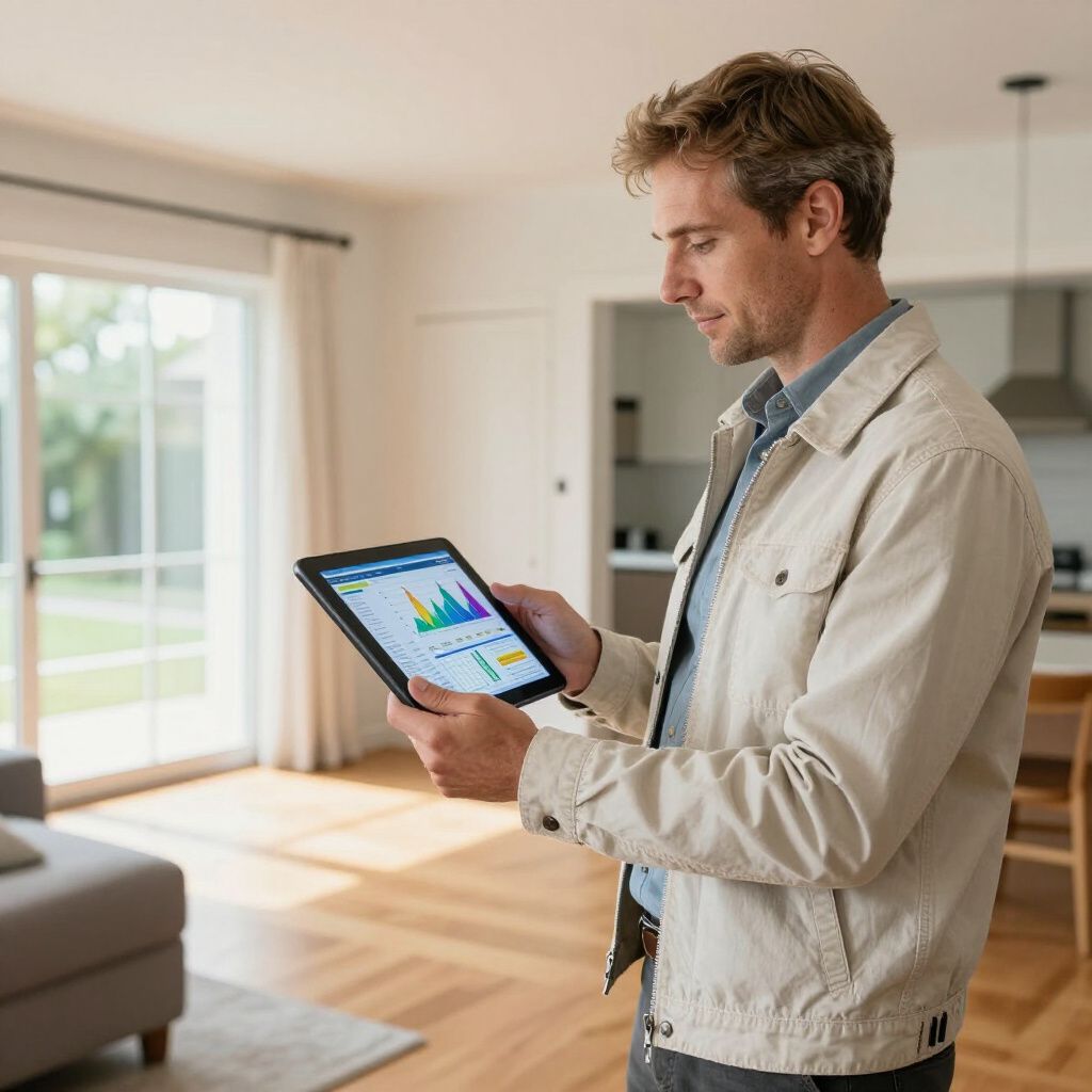 Man looking at a tablet with graphs in a modern home, holding the device in front of him.