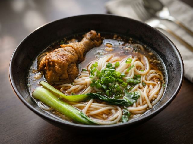 Bowl of noodle soup with chicken, scallions, and greens in a dark bowl on a table