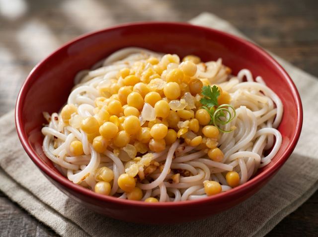 Bowl of creamy udon noodles topped with sweet corn and a parsley garnish