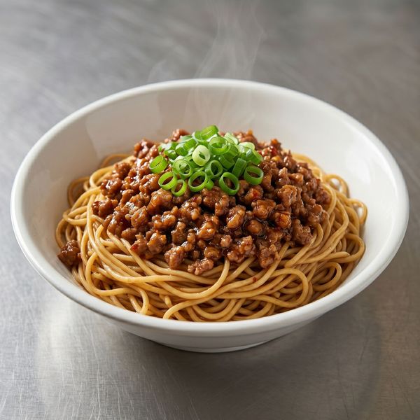 Bowl of spaghetti topped with meat sauce and sliced green onions on a gray tabletop