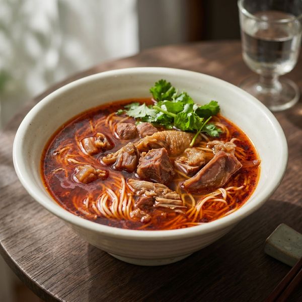 Bowl of spicy beef noodle soup topped with cilantro on a rustic table, with a glass of water nearby