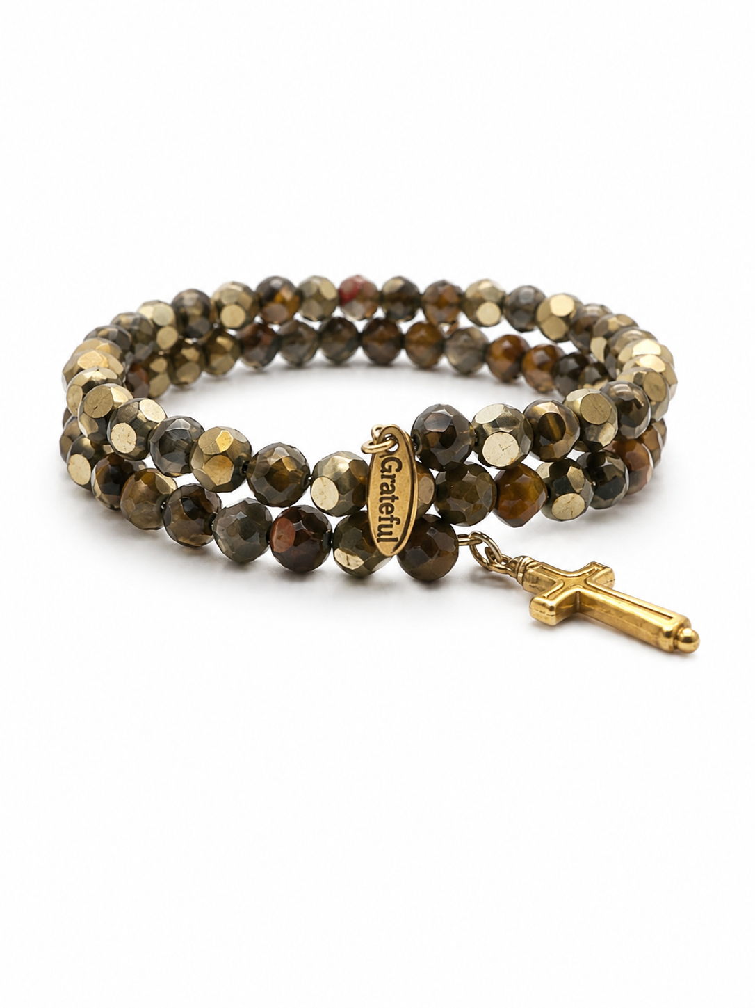 Brown beaded bracelet with a gold cross charm on a white background