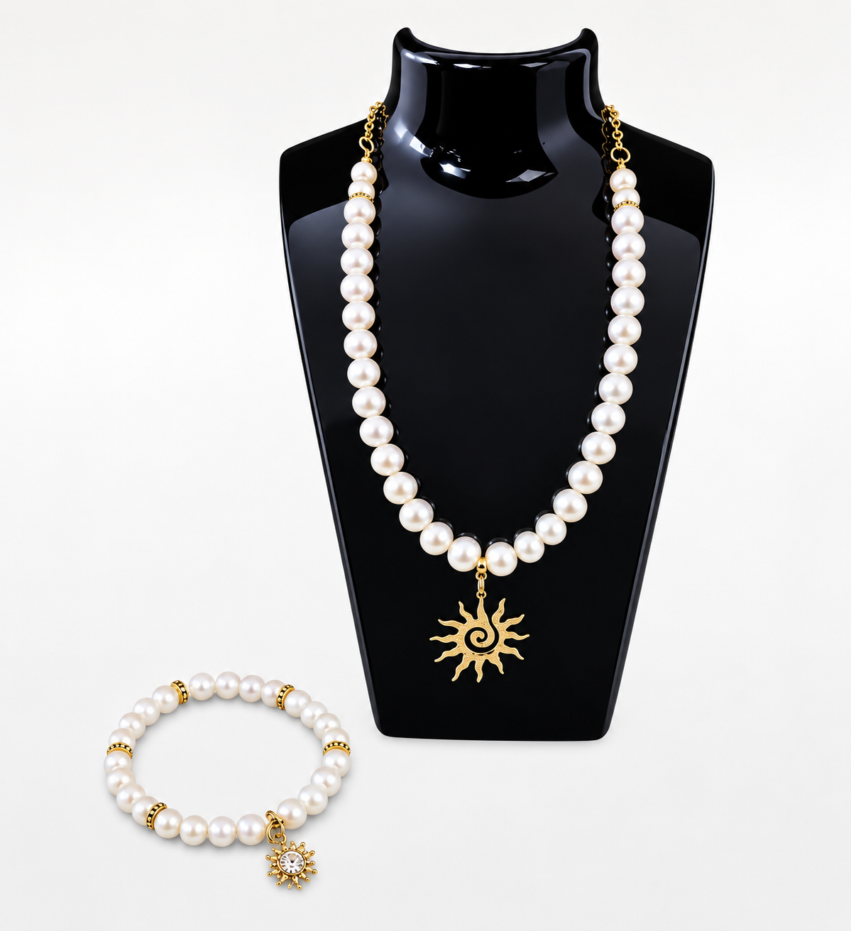 Beautiful Pearl Beaded Necklace with Spiral Sun Pendant