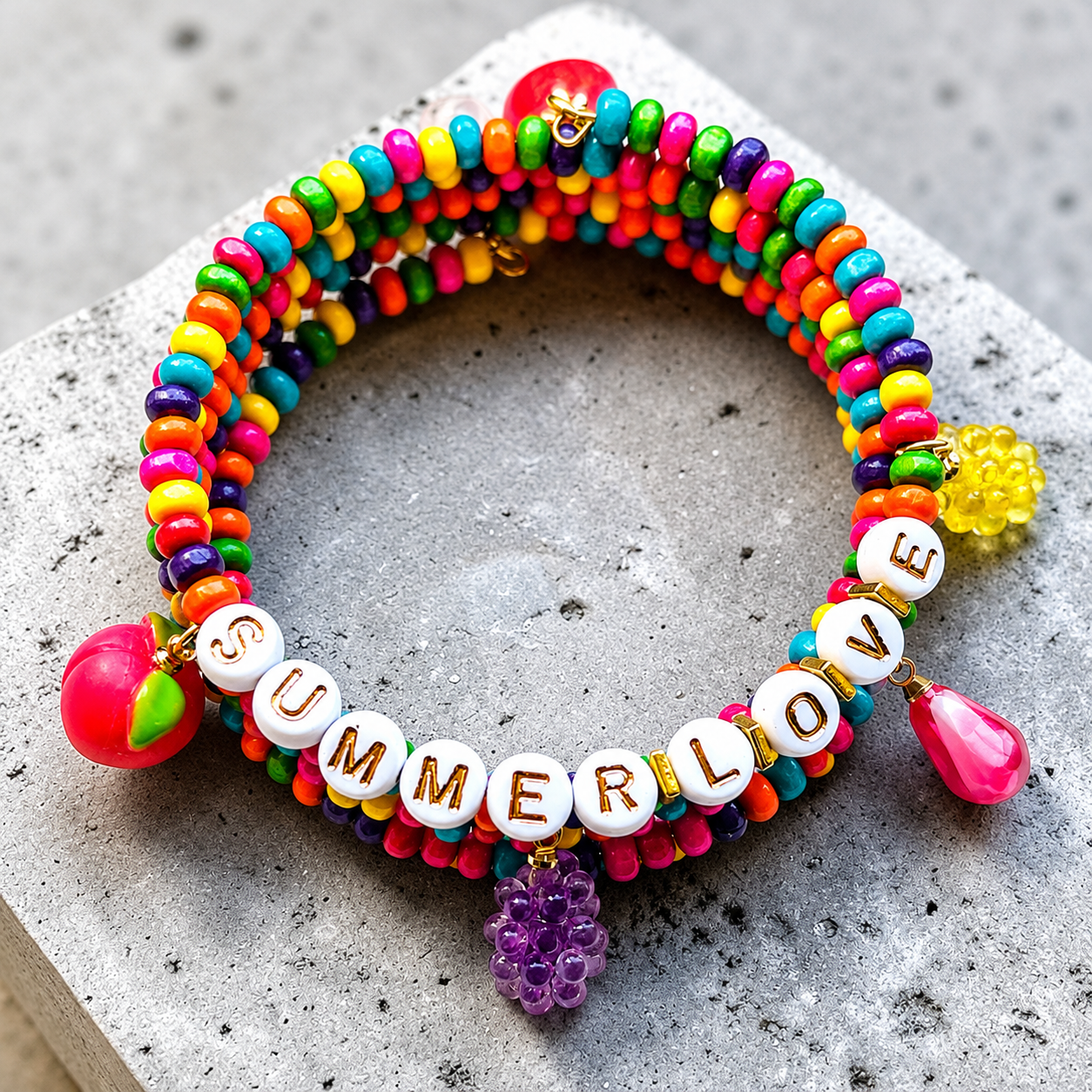 Vibrant Beaded Memory Wire Bracelet wit Fruit Charms