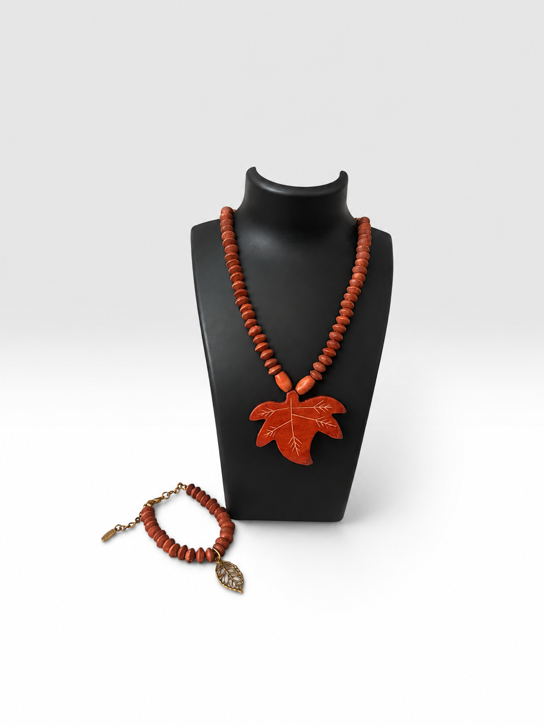 Wooden Beaded Necklace and Bracelet Ensemble