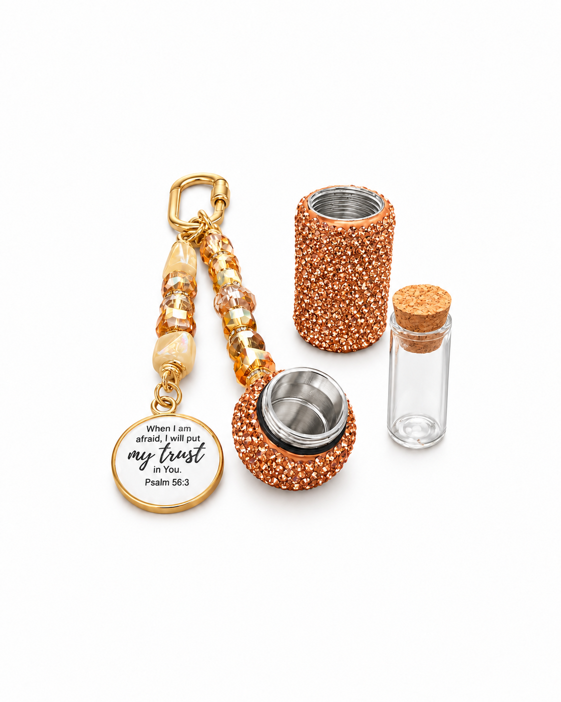 Adorned Purse Charm Featuring an Anointing Oil Case and Vial