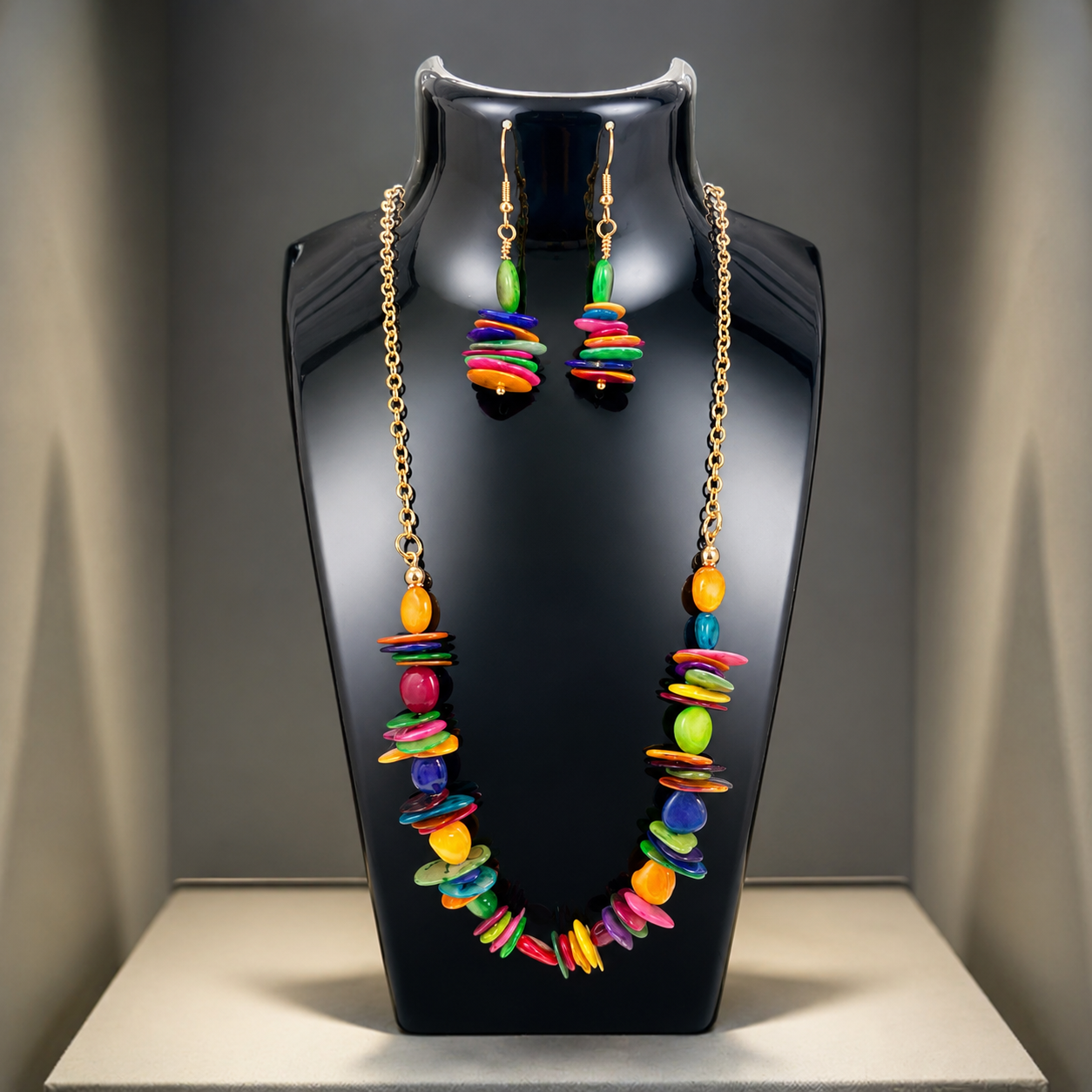 Colorful beaded necklace and earrings displayed on a black jewelry bust in a gray-lit display case