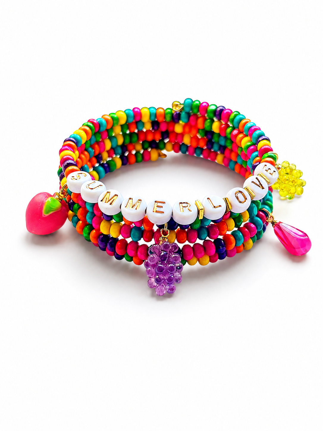 Vibrant Beaded Memory Wire Bracelet wit Fruit Charms