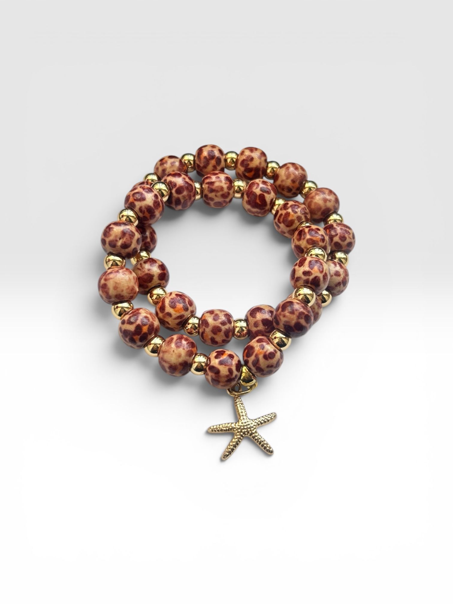 Brown Leopard Beaded Set with Gold Plated Accents and Starfish Charm