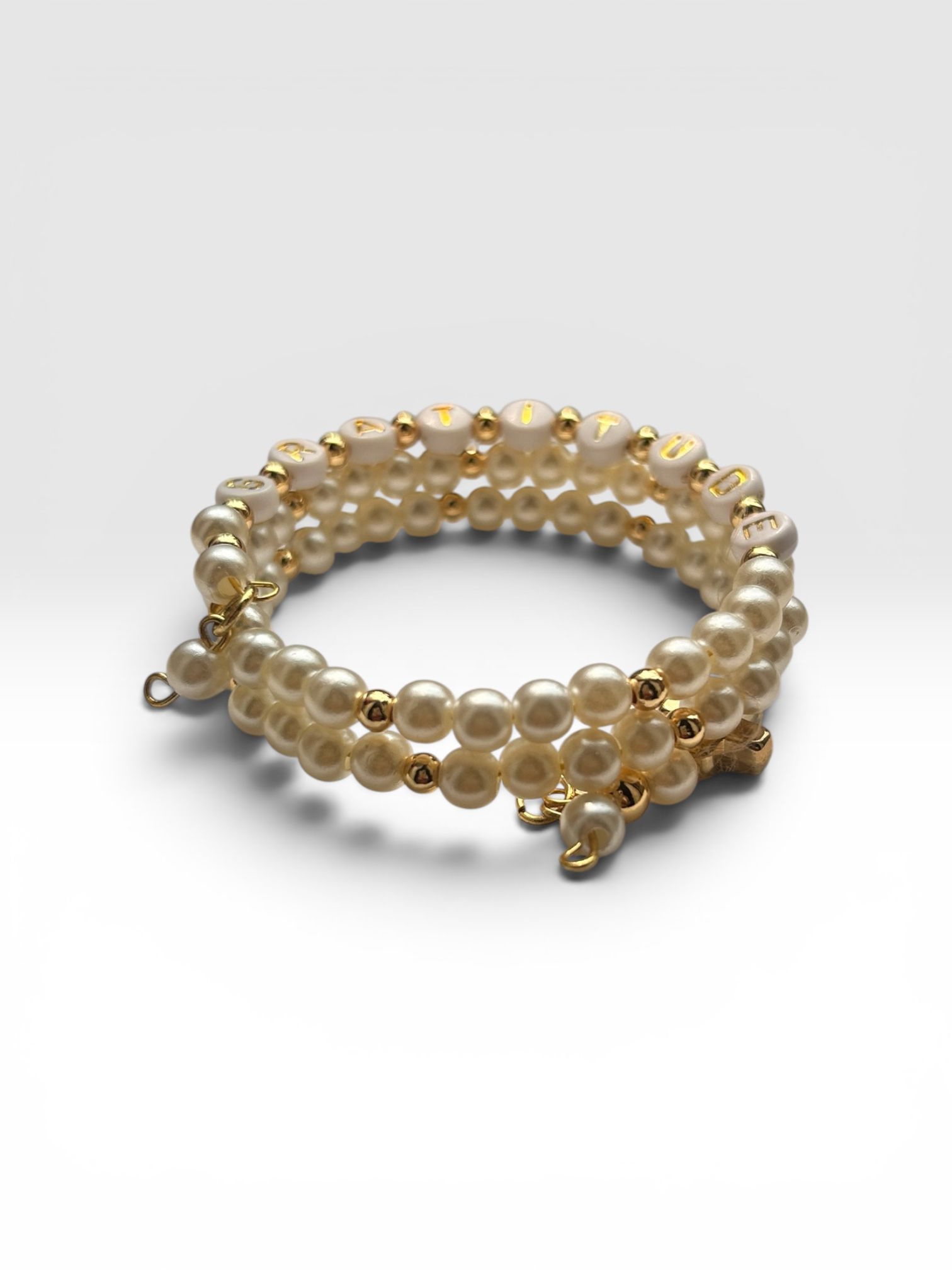Gratitude Memory Wire Bracelet with Pearls and Gold Plated Accents