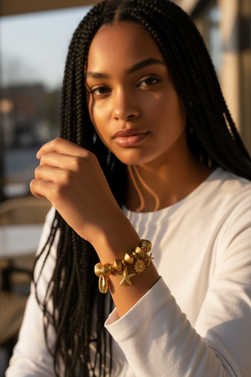 Chunky Gold Plated Wooded Stretch Bracelet with Charms