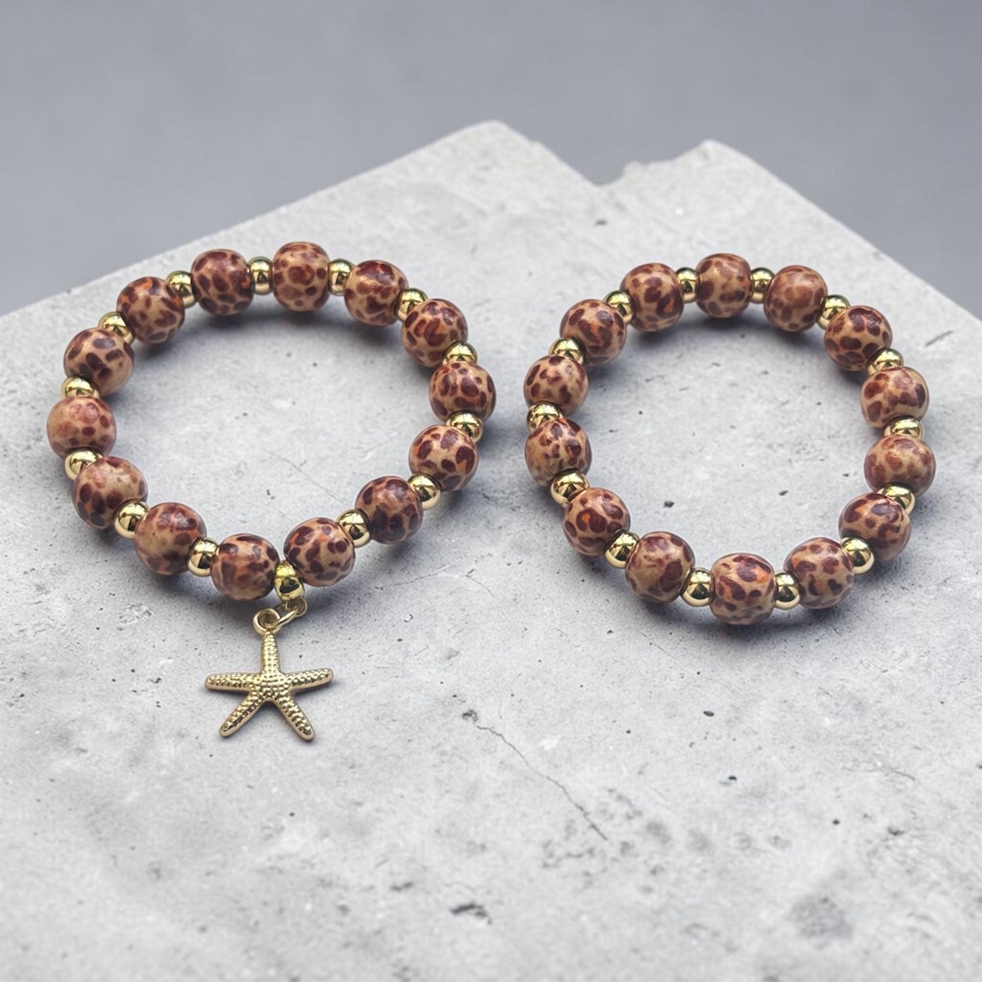 Brown Leopard Beaded Set with Gold Plated Accents and Starfish Charm