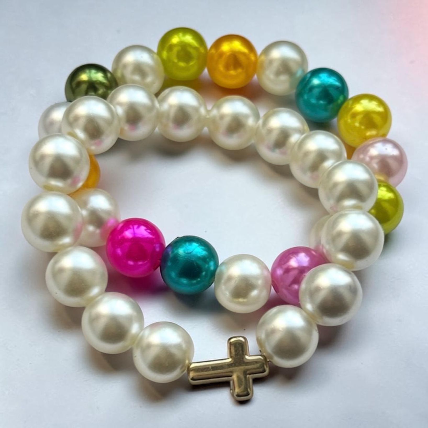 Vibrant Large Pearl Bracelet Duo with Cross