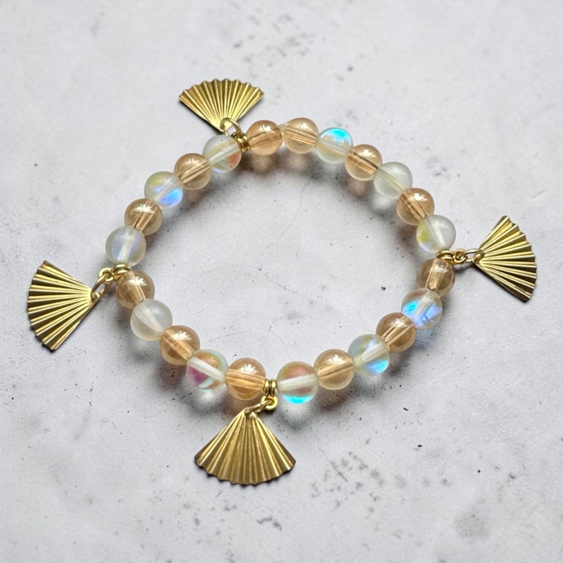 Iridescent Quartz Beaded Bracelet featuring Elegant Fan Charms