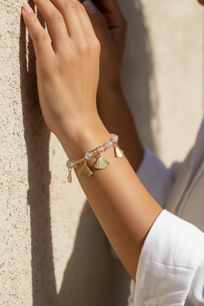 Iridescent Quartz Beaded Bracelet featuring Elegant Fan Charms