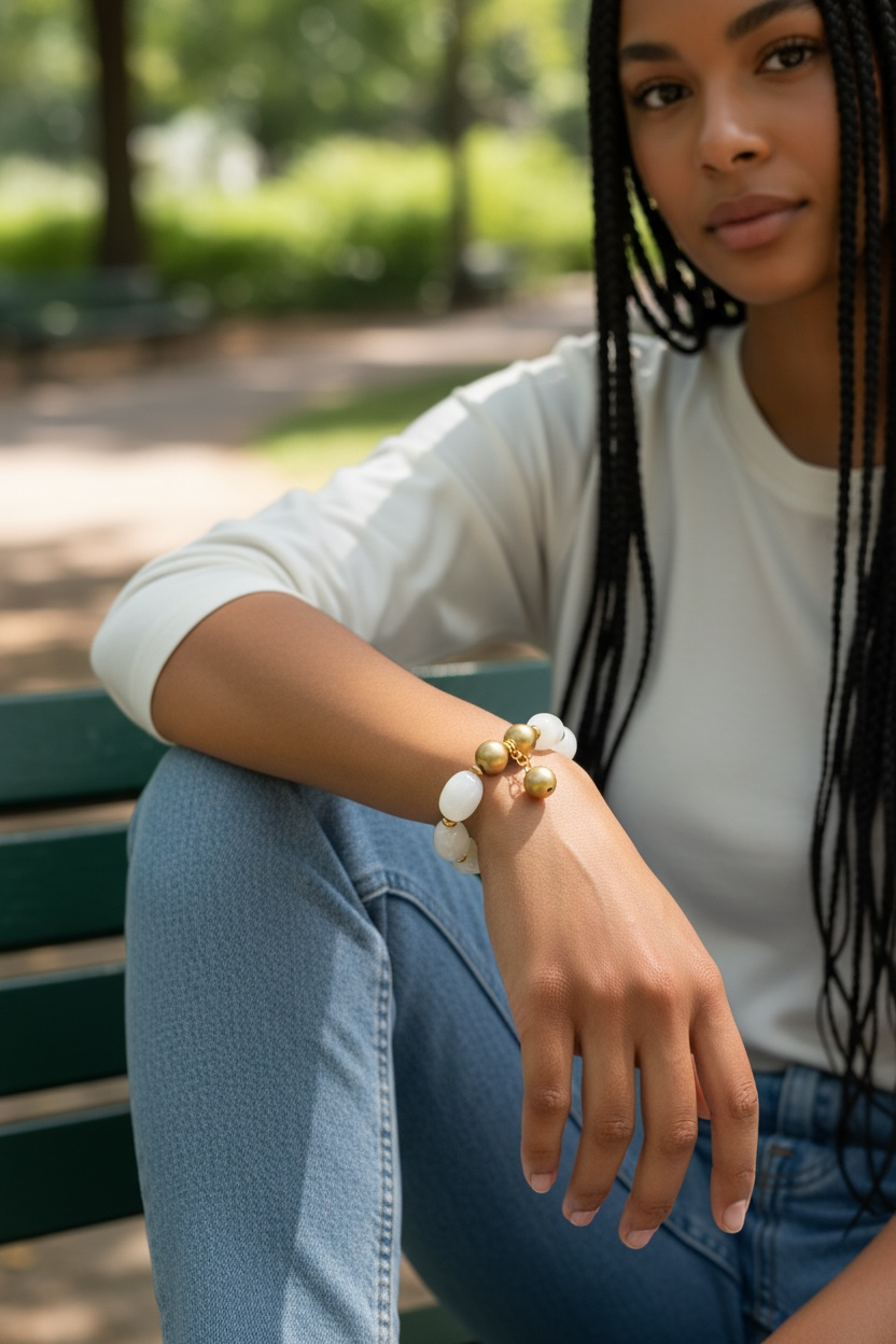 Radiant Gold Tone Milky Stretch Bracelet