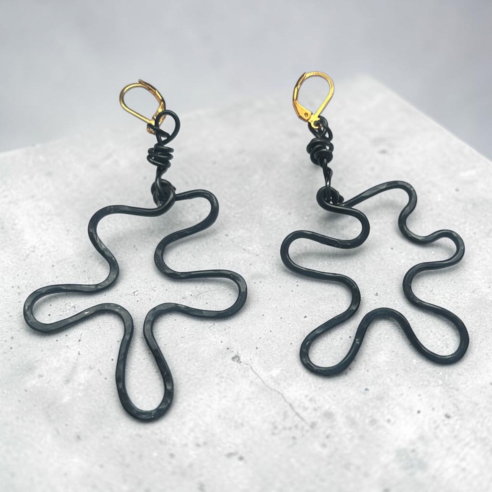 Unique Black Aluminum Earrings with Lever Back Gold Hooks