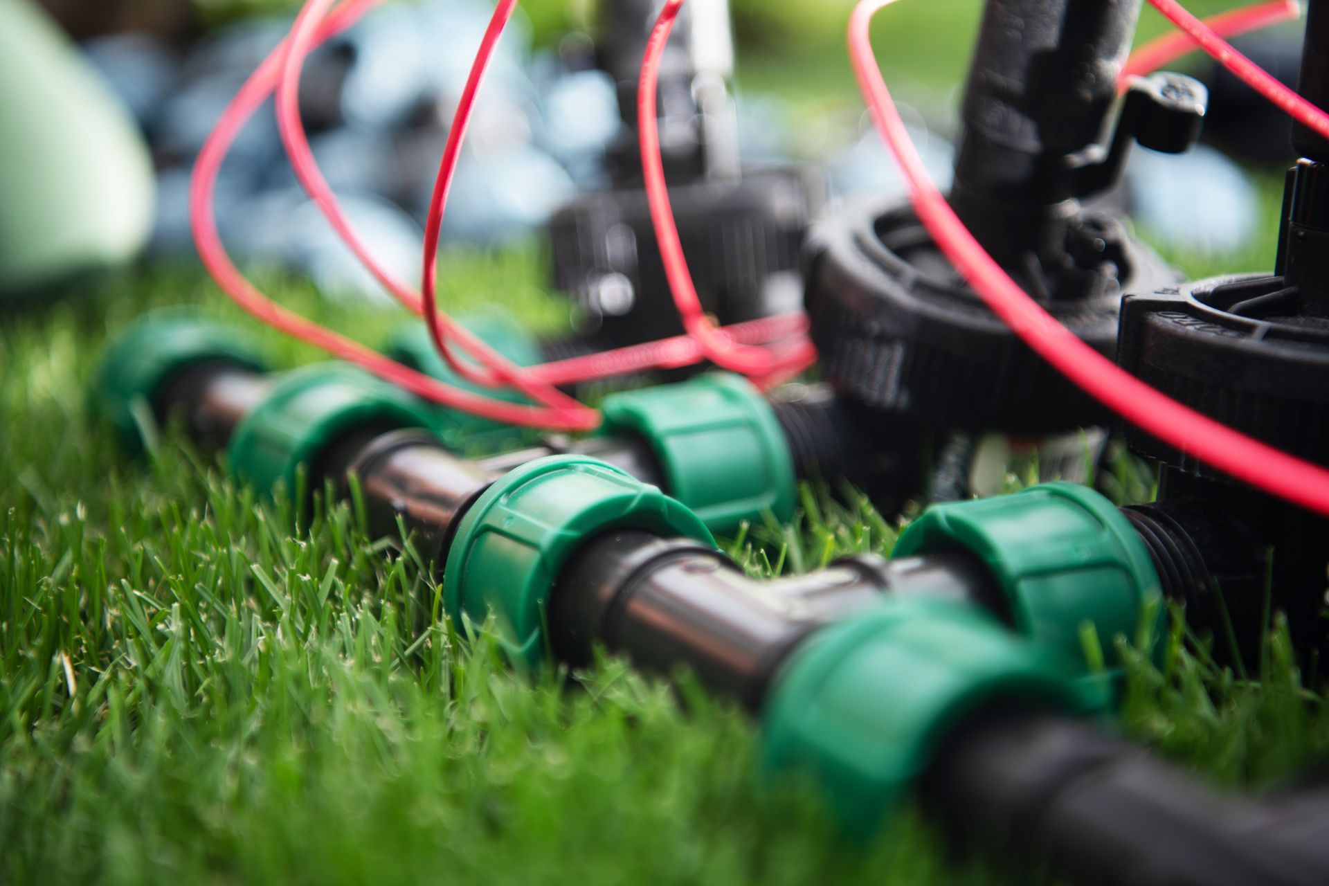 Irrigation hoses with green connectors on grass, with red wires in the background