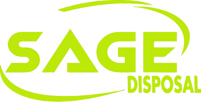 Sage Disposal logo with green text and a green curved line.